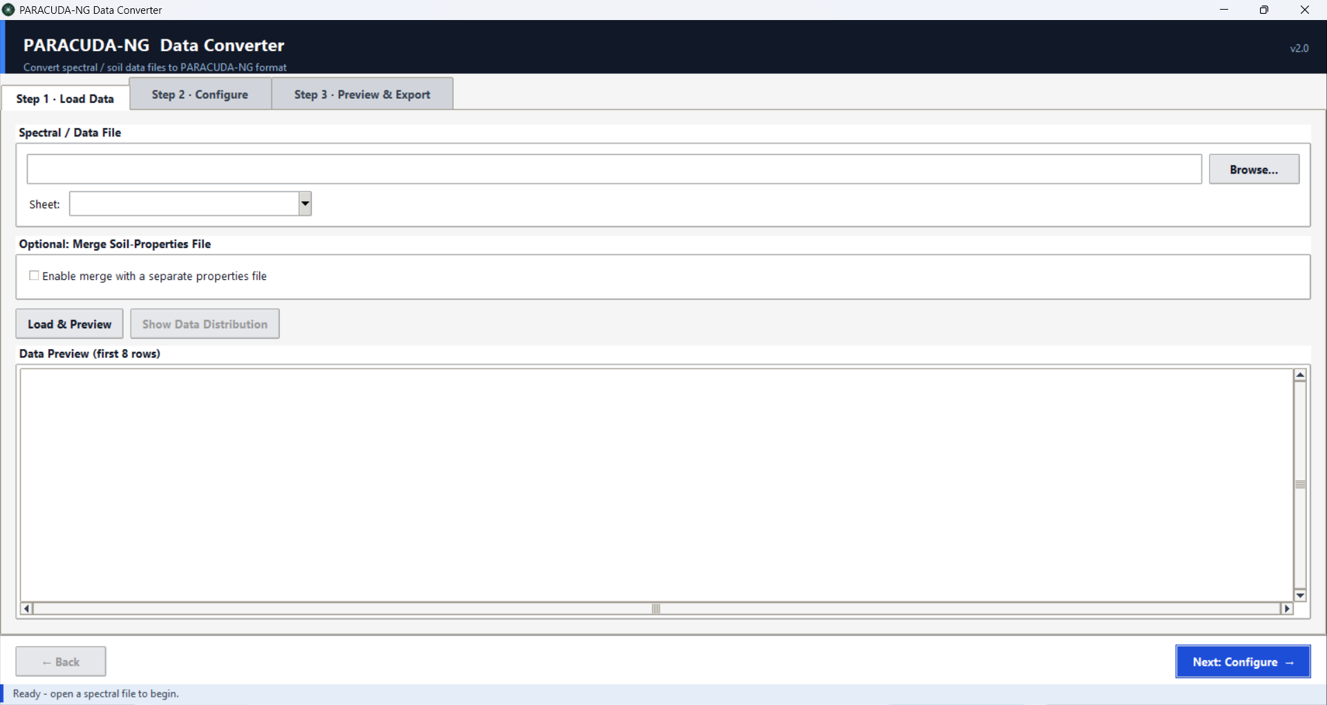 The PARACUDA-NG Data Converter showing the load, configure and preview steps.
