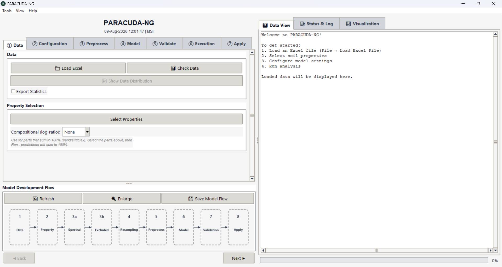 The PARACUDA-NG main window showing the seven-step wizard, the data panel and the live Model Development Flow diagram.